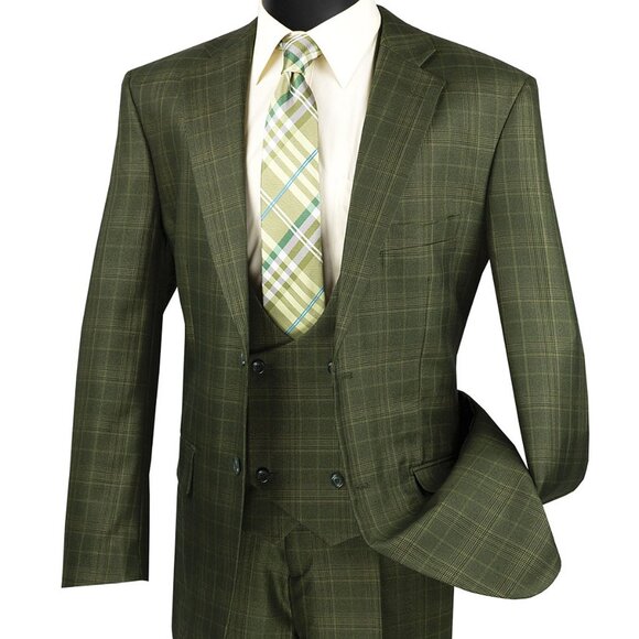 Luxurious Men's 3-Piece Glen Plaid Suit - Olive
